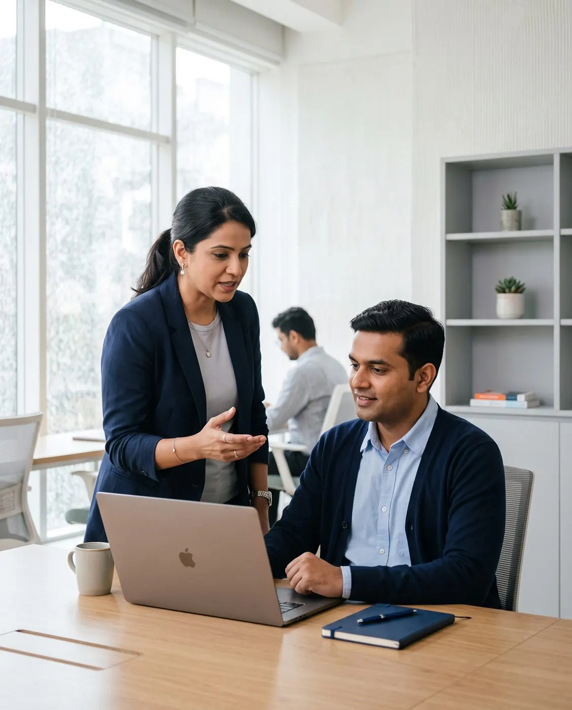 A hiring manager and a colleague discussing a candidate at a laptop