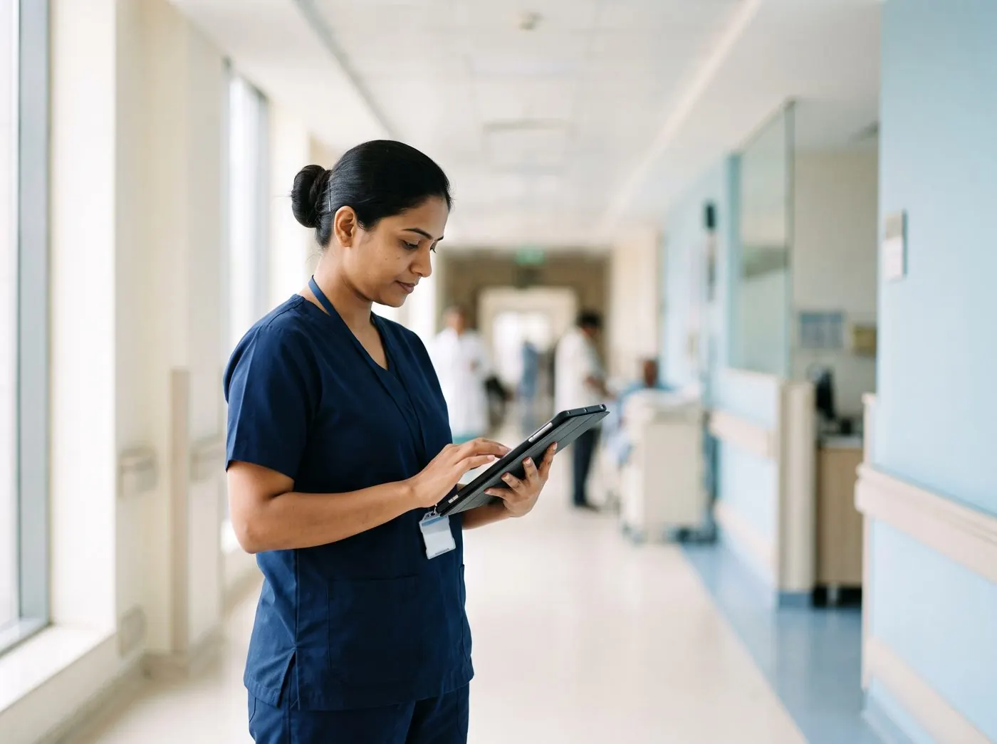 A nurse reviewing patient information on a tablet in a hospital corridor